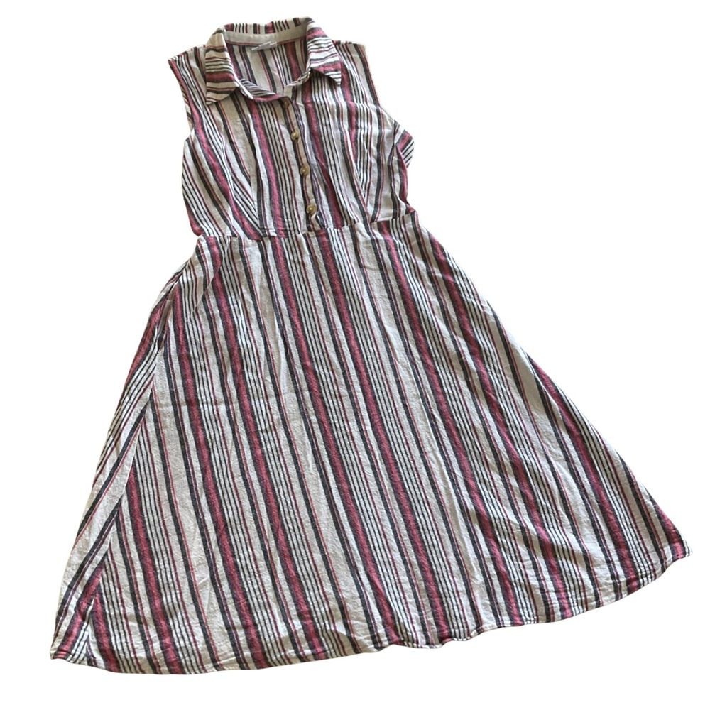 Liz Claiborne Shirt Dress Women 10 Red‎ Blue Striped Linen Blend Sleeveless Midi
